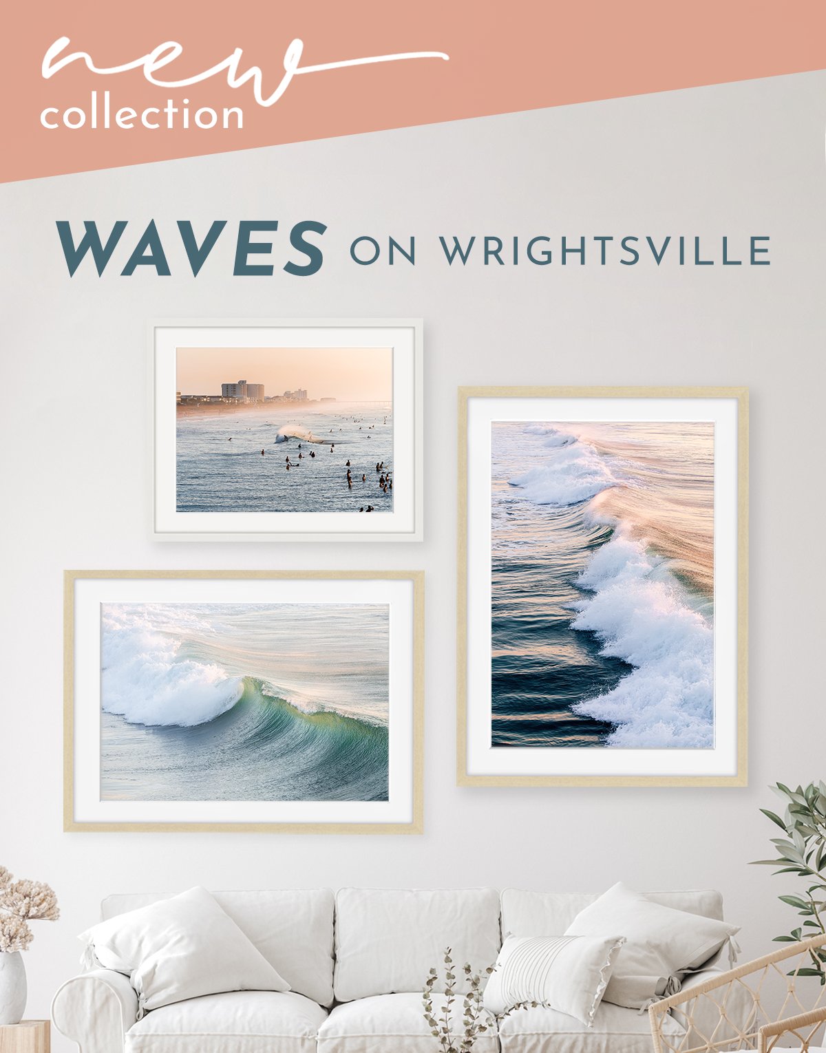 gallery wall featuring 3 framed photographs of waves on wrightsville beach