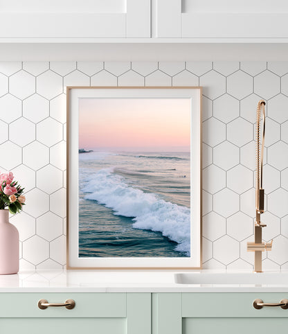 pink waves ocean print beach house decor