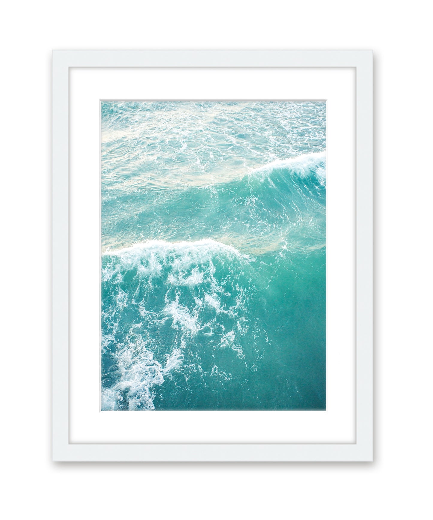 aqua blue ocean waves aerial photograph, white wood frame, by Wright and Roam