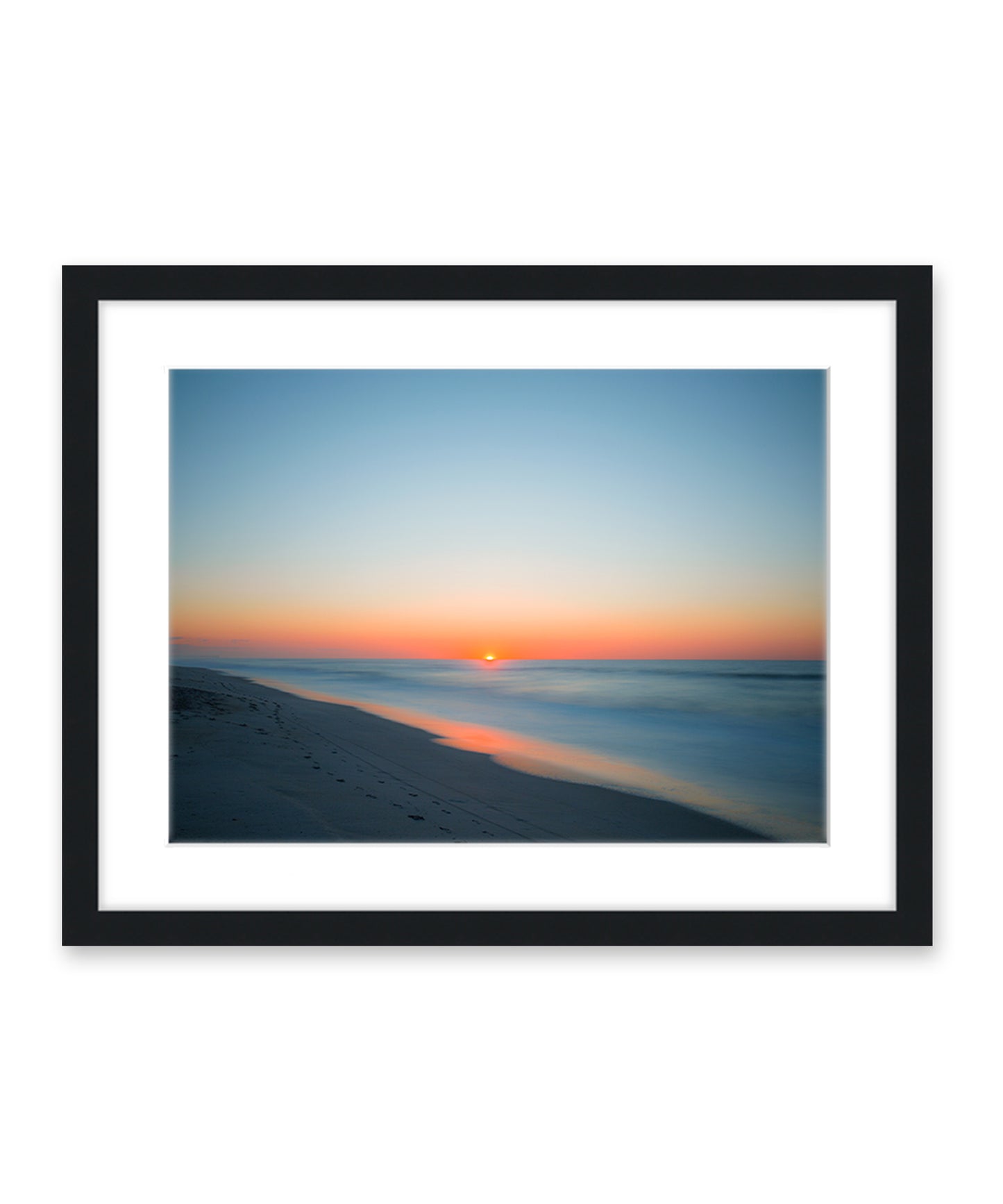 deep blue sunrise beach photograph, black wood frame, by Wright and Roam