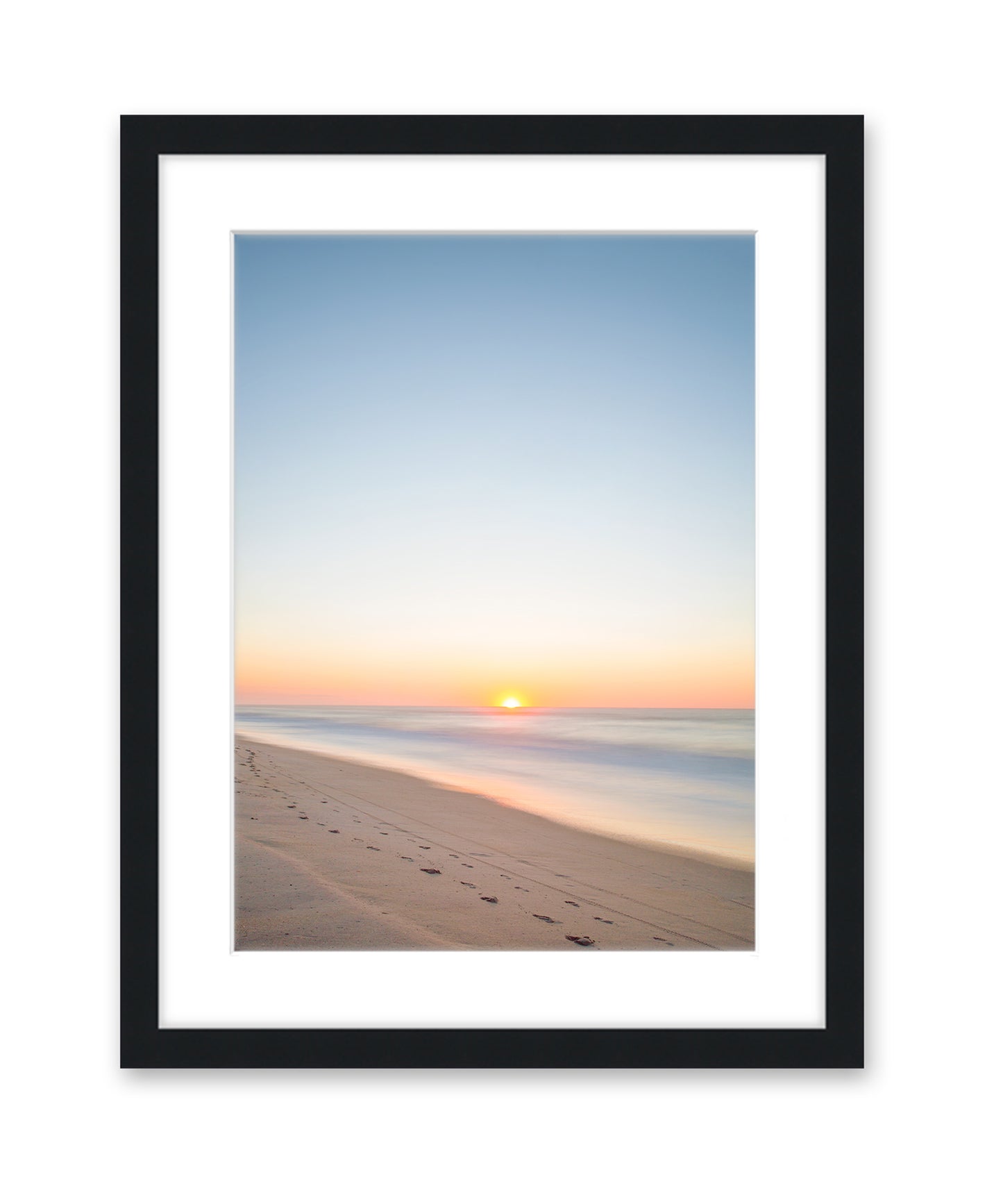 pastel blue sunrise beach photograph black frame, wright and roam