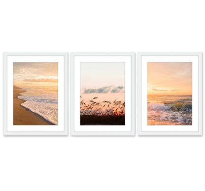 warm sunset beach photograph, set of 3, white frames by Wright and Roam