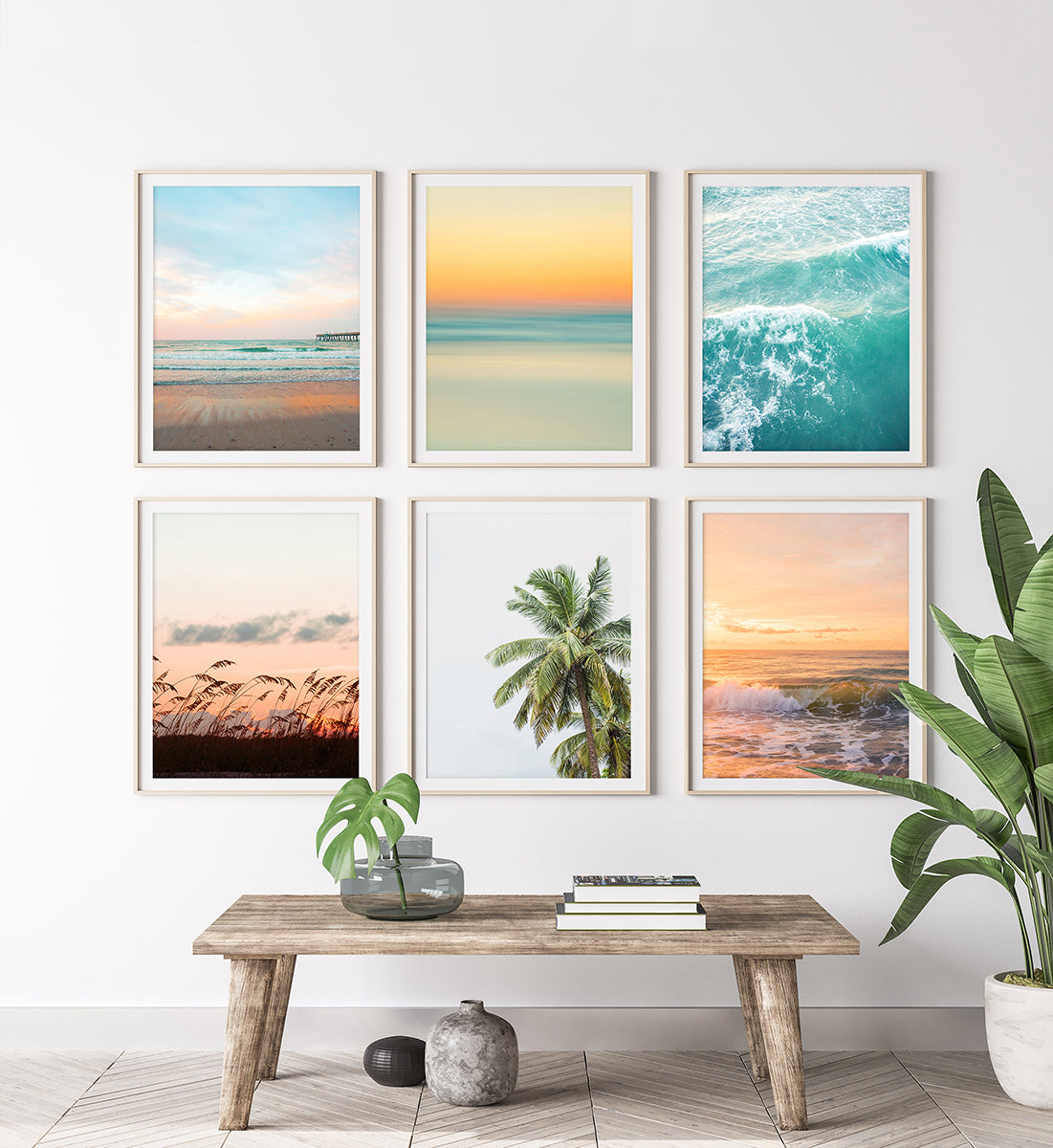 coastal entryway decor, gallery wall set of six colorful tropical beach photographs by Wright and Roam