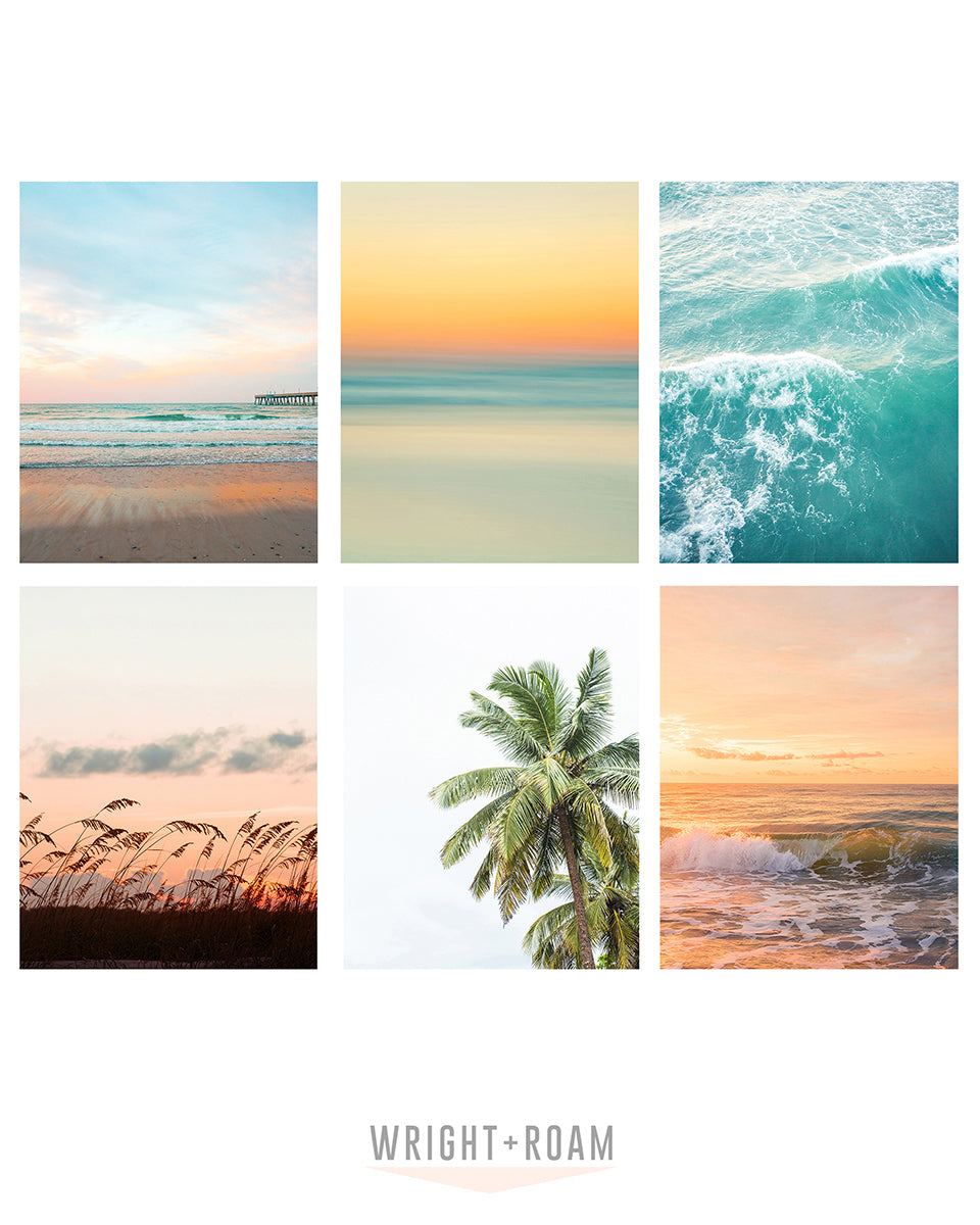 gallery wall set of six colorful tropical beach photographs by Wright and Roam