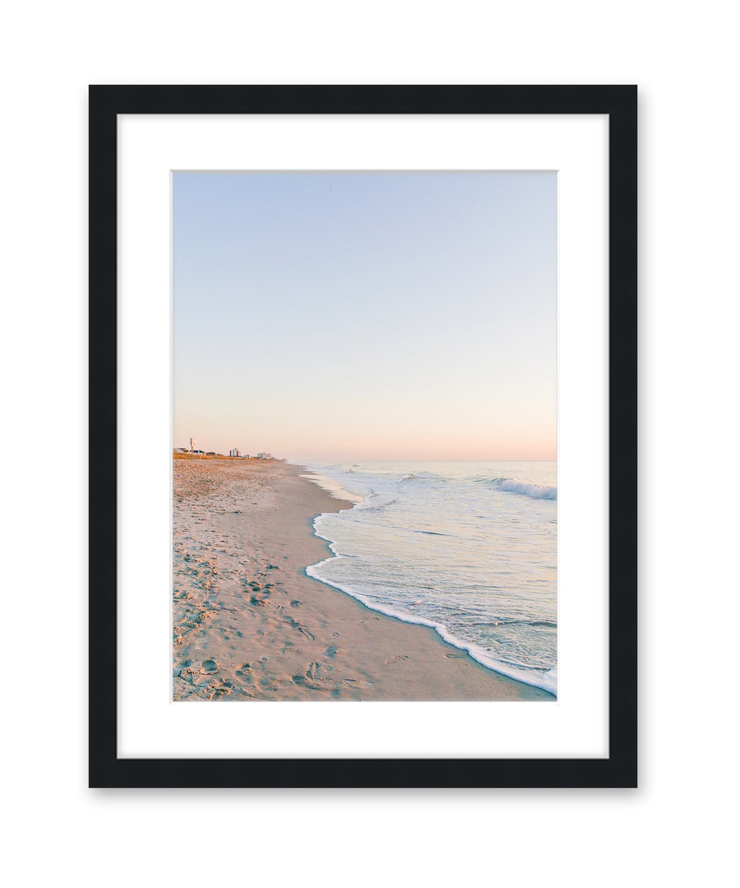 Pastel Blue Sunrise Wrightsville Beach Photograph, Black Frame By Wright and Roam