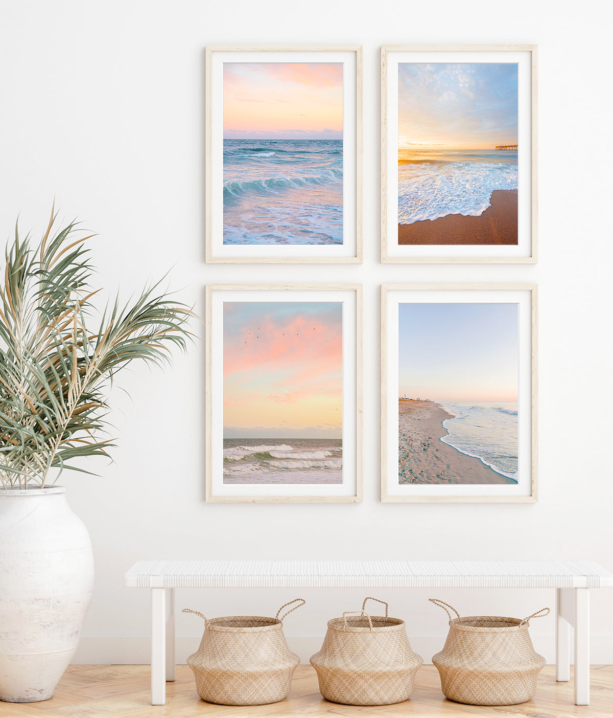 group of four sunrise beach photographs in an entryway with boho, coastal decor