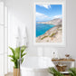 coastal bathroom decor, blue and white aegean sea landscape