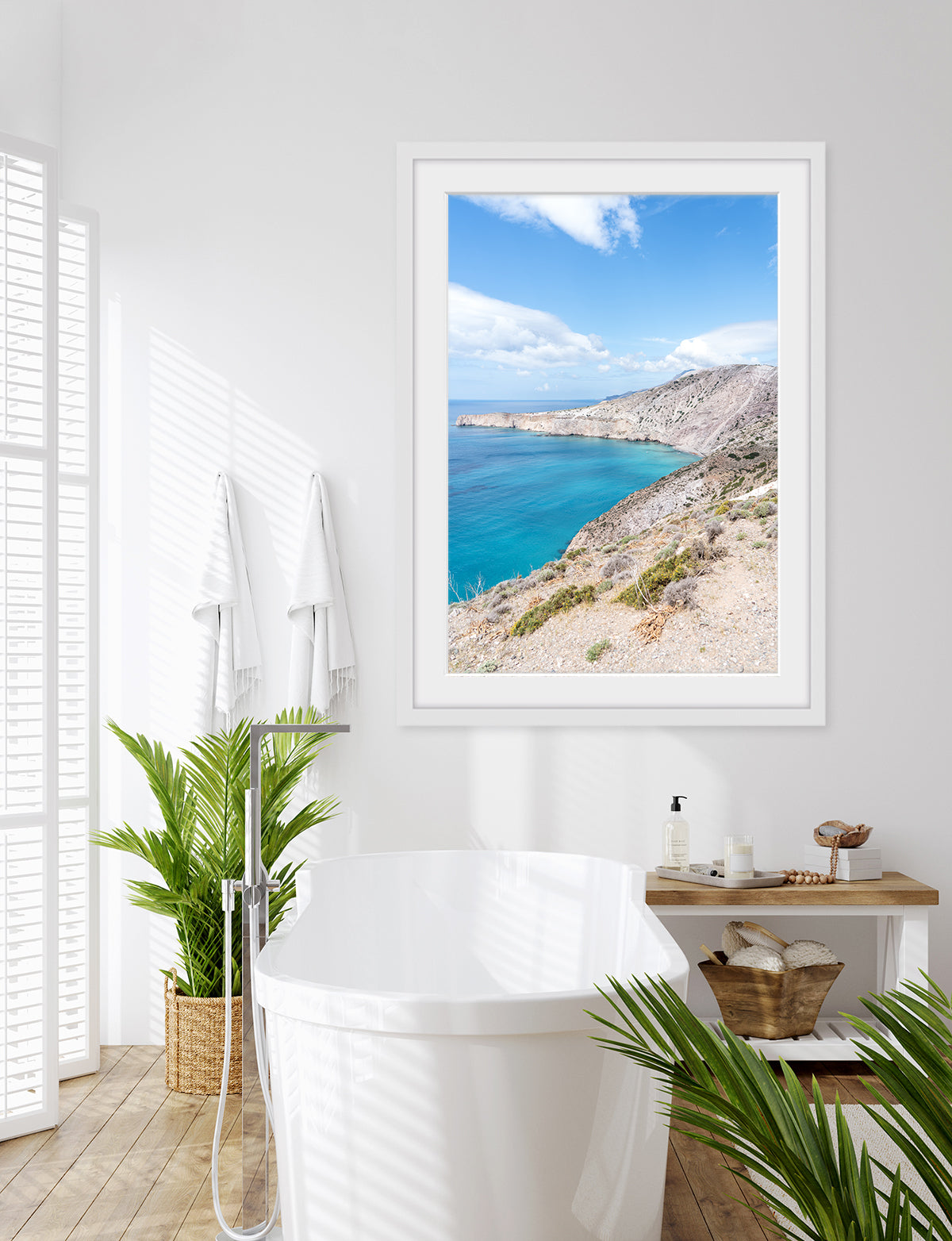 coastal bathroom decor, blue and white aegean sea landscape