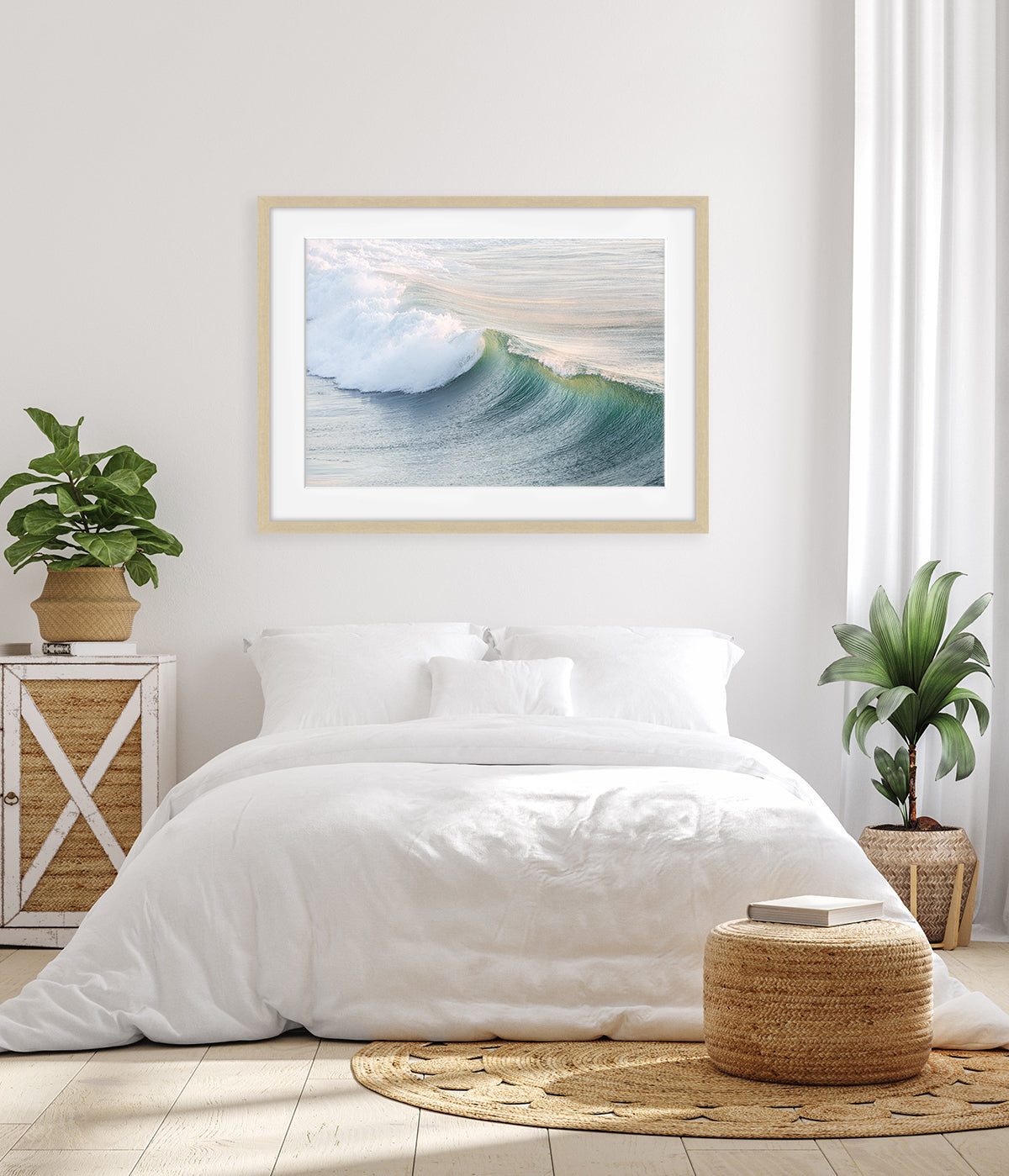 coastal bedroom decor with framed wave photograph