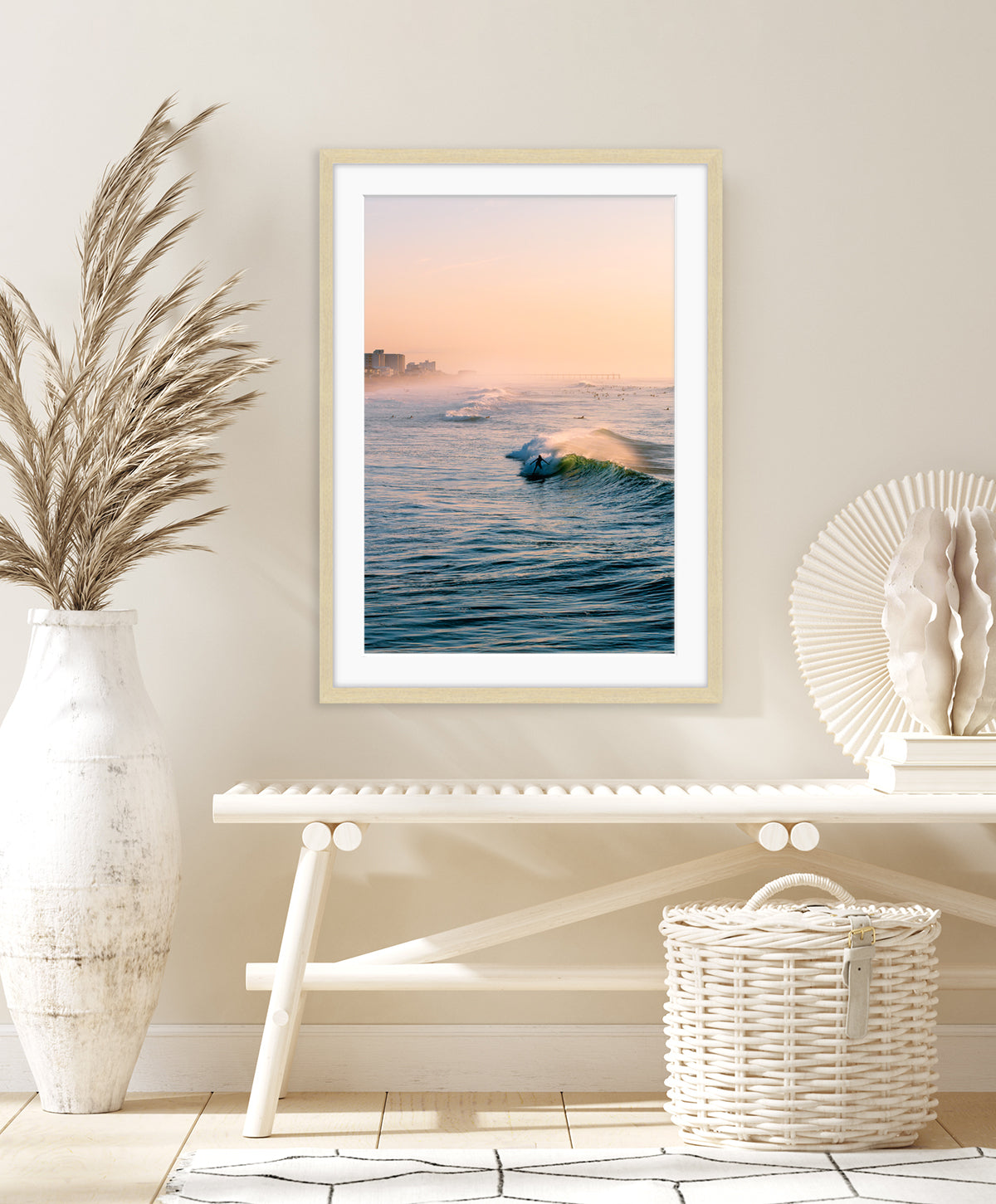 warm coastal decor featuring golden sunrise surf print
