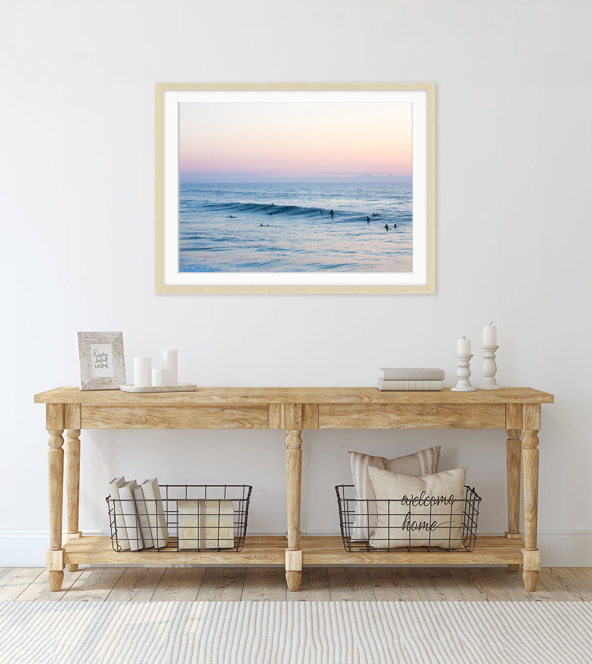 coastal boho entrway decor featuring blue ocean beach photograph