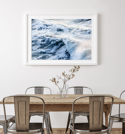 coastal home decor with textured indigo wave photograph