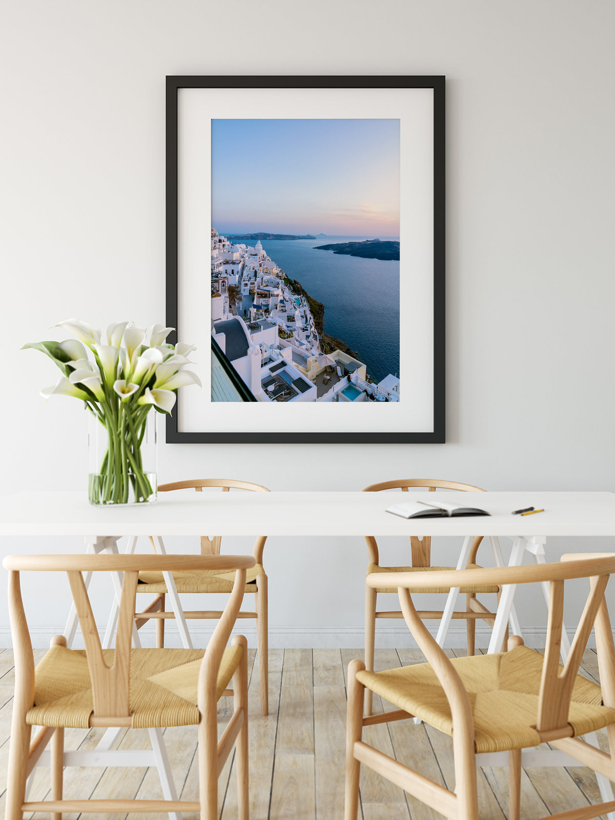 colorful dining room, blue sunset santorini greece
