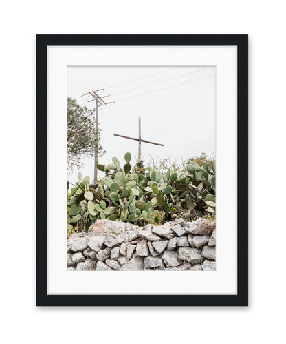 cactus, cross minimal neutral print, Santorini Greece Black Frame