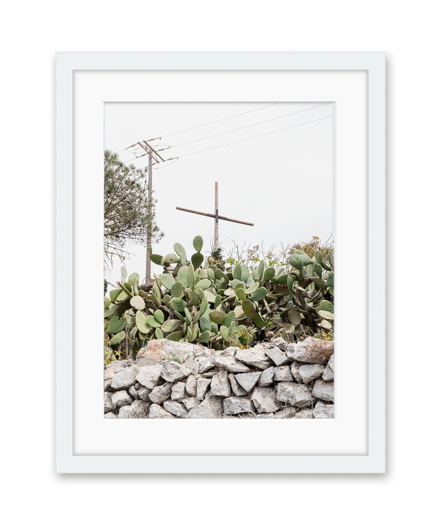 cactus, cross minimal neutral print, Santorini Greece white Frame