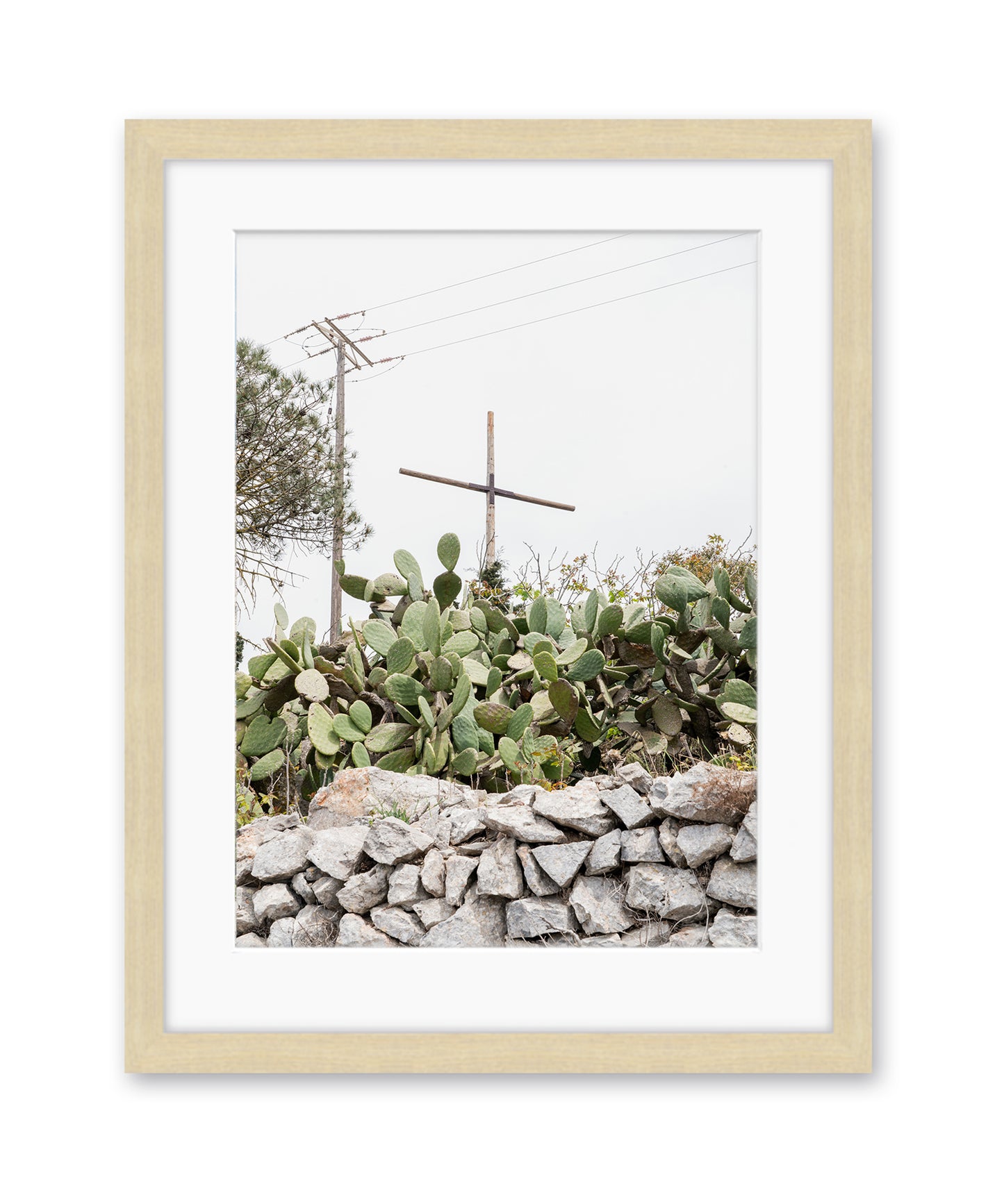 cactus, cross minimal neutral print, Santorini Greece wood Frame