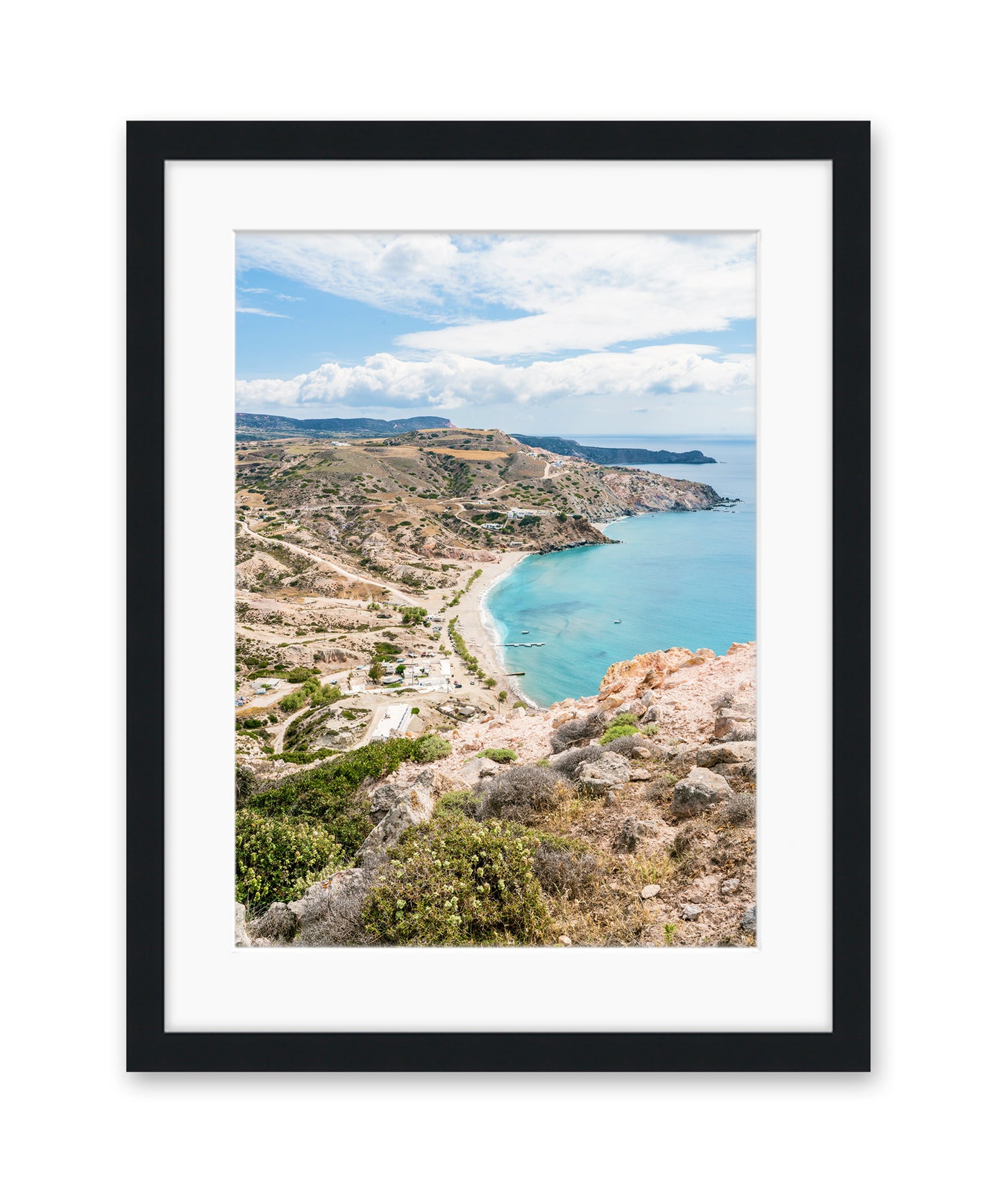 coastal seascape landscape, milos, greece black frame
