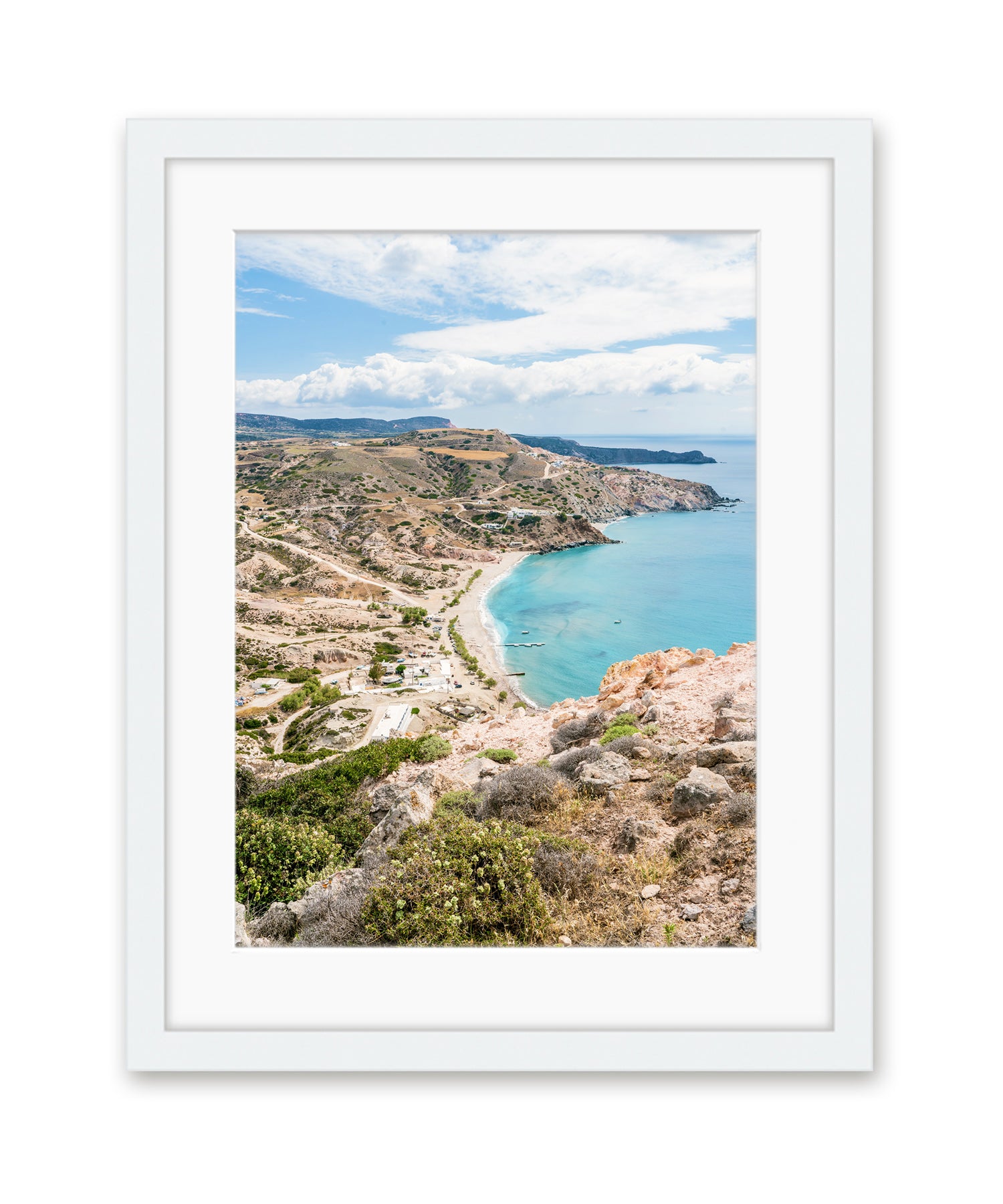 coastal seascape landscape, milos, greece white frame