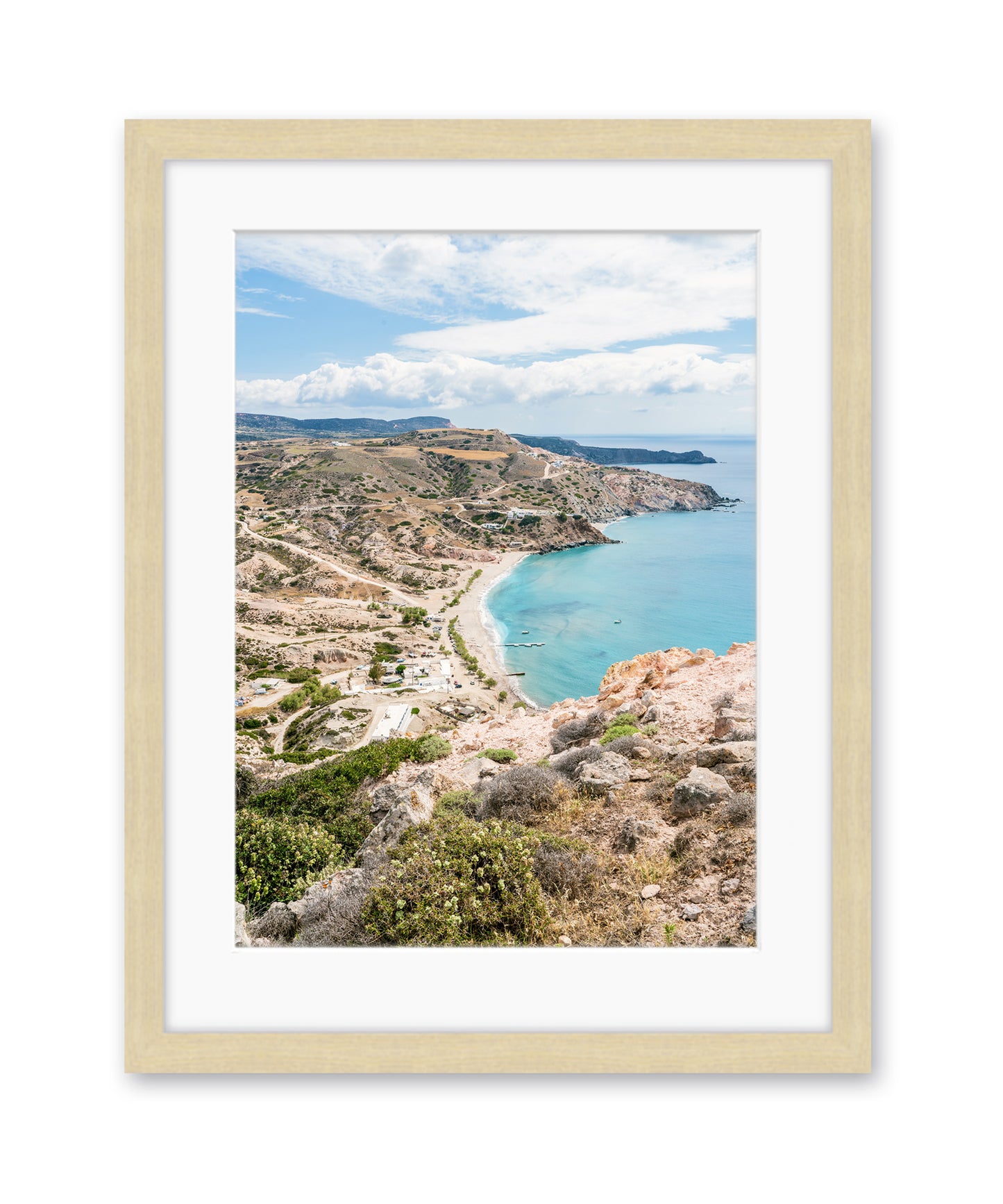 coastal seascape landscape, milos, greece wood frame