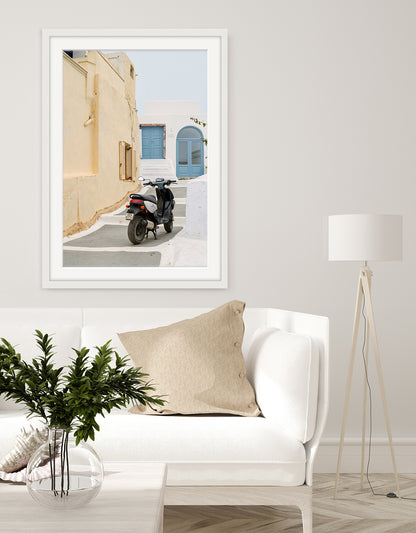 neutral living room decor, santorini greece travel photograph