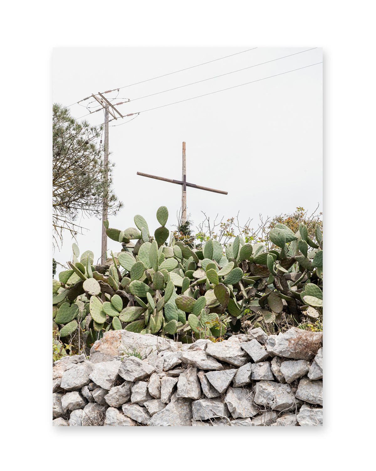 Neutral white and green print. Cactus and cross taken in Santorini Greece