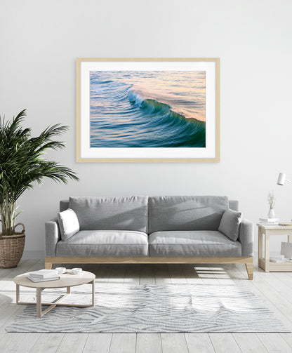 coastal modern decor featuring framed wave photograph