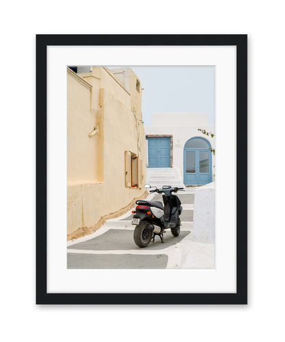 santorini greece architecture travel print, stucco white home, moped black frame