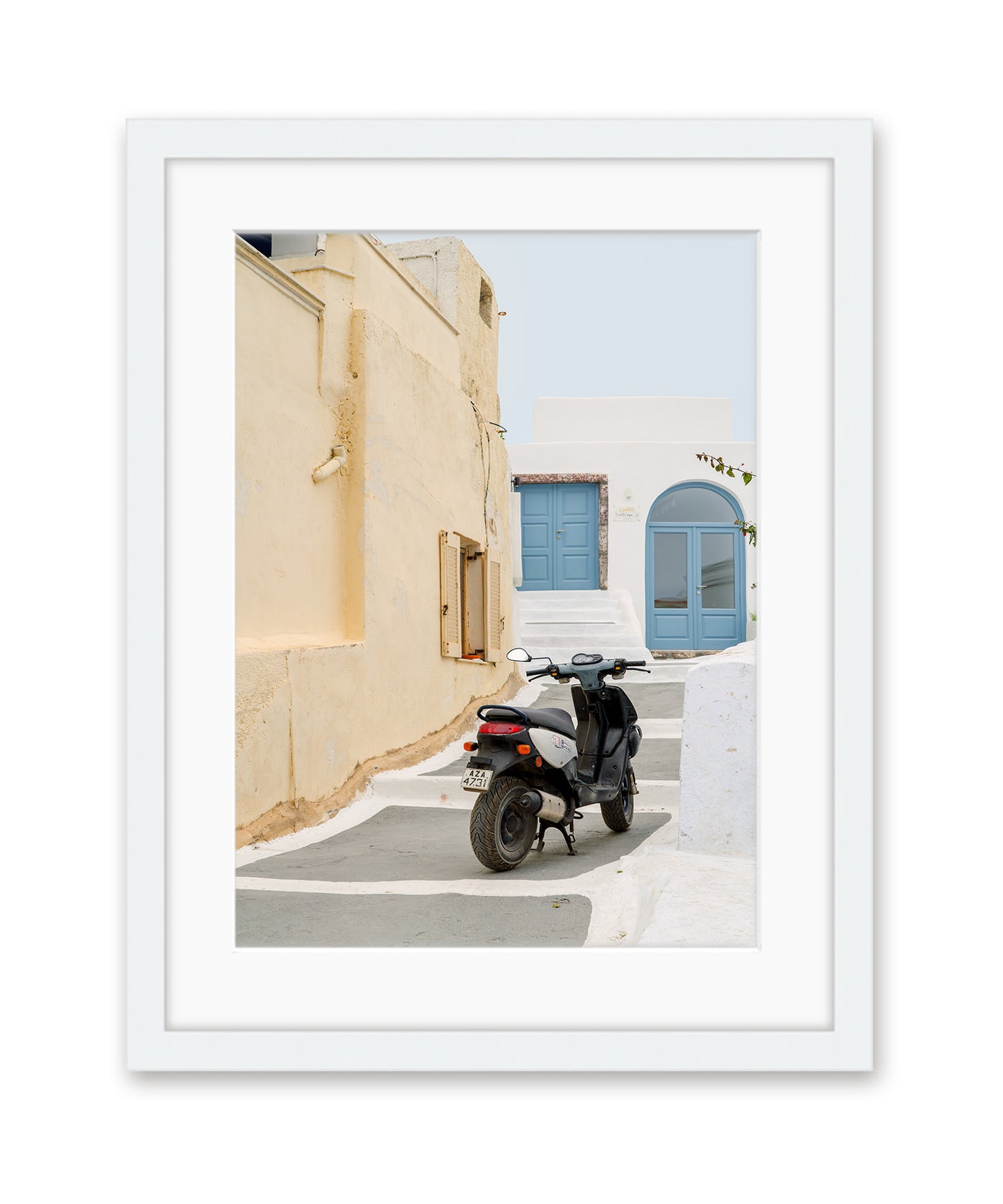 santorini greece architecture travel print, stucco white home, moped white frame