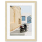 santorini greece architecture travel print, stucco white home, moped wood frame