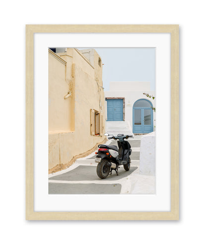 santorini greece architecture travel print, stucco white home, moped wood frame