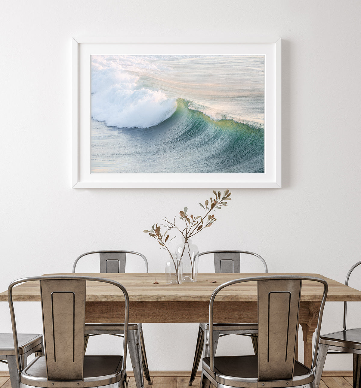 dining room decor with framed wave photograph