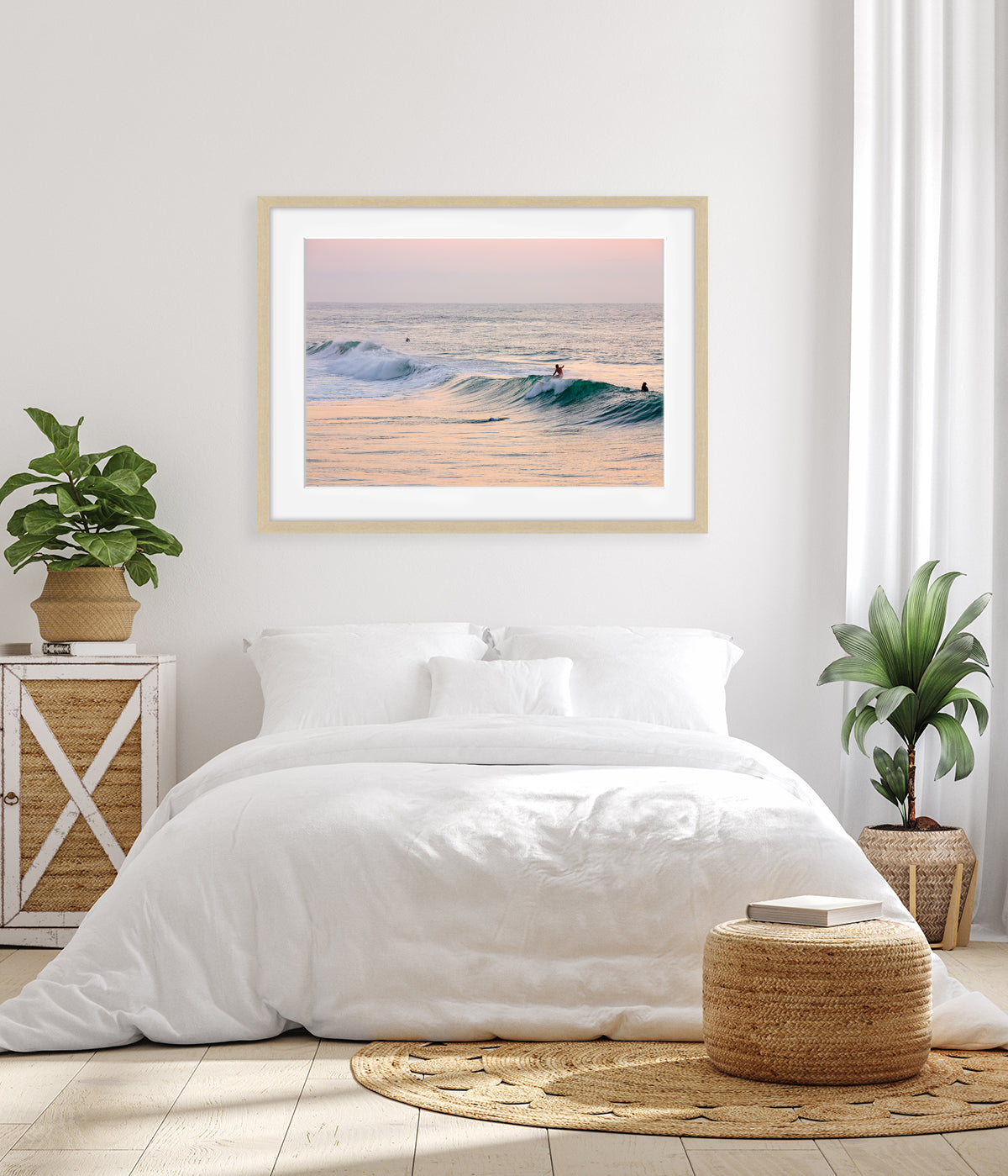 bedroom decor featuring pink sunrise surf print
