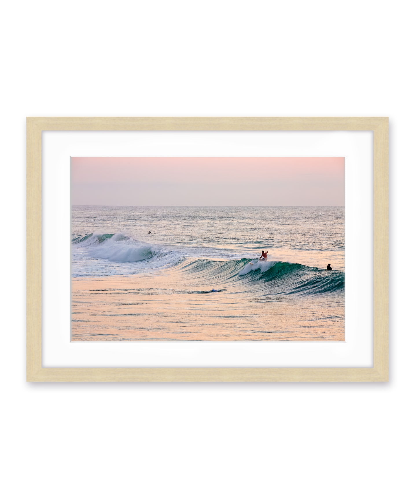 pink sunrise surfing wrightsville beach wood frame
