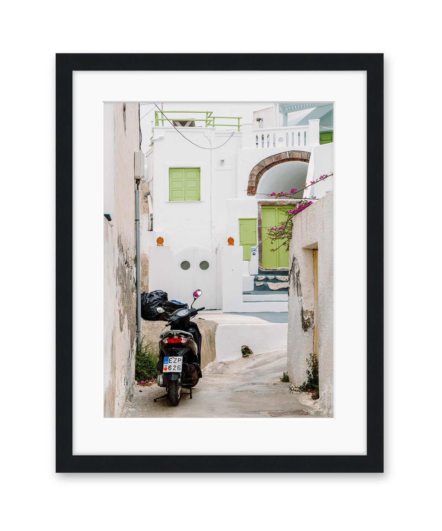 white buildings moped santorini, greece travel print black frame