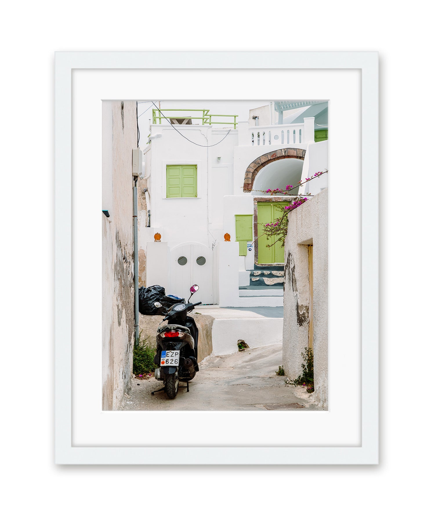 white buildings moped santorini, greece travel print white frame