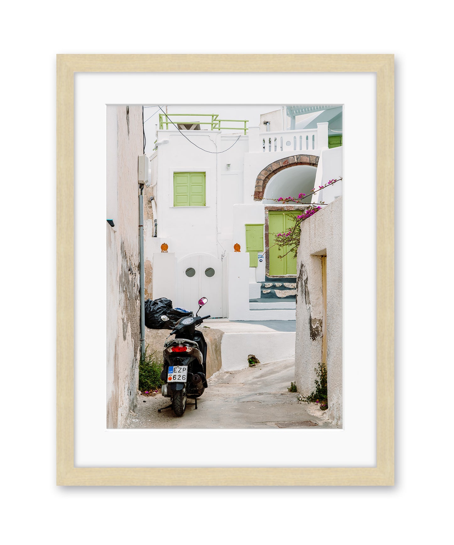 white buildings moped santorini, greece travel print wood frame