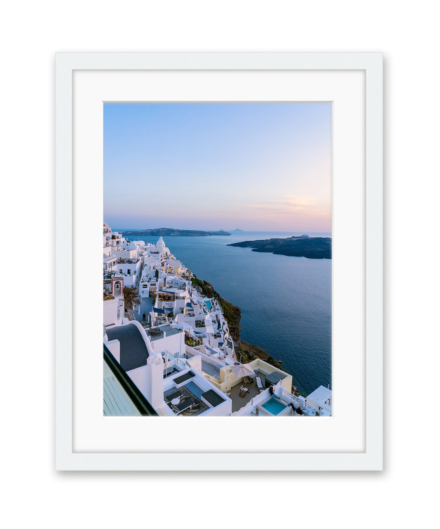 blue sunset caldera santorini, greece, white frame