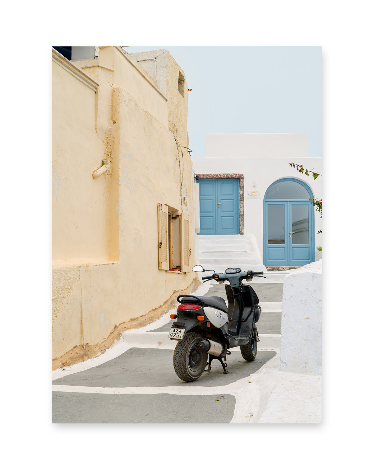 santorini greece architecture travel print, stucco white home, moped