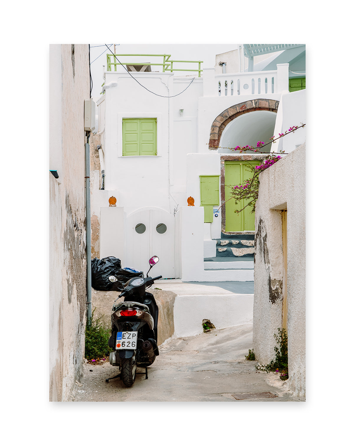 white buildings moped santorini, greece photograph