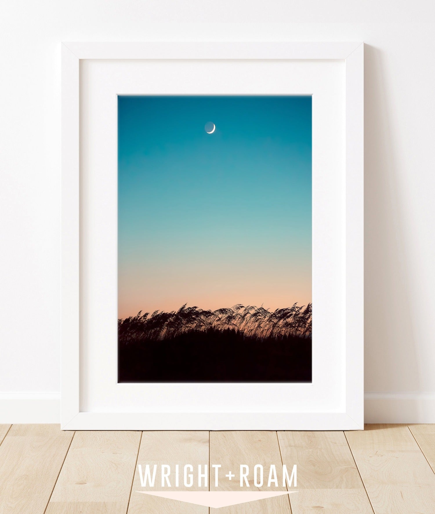 Teal Sunset Beach Print, Moon and Seagrass, Wright and Roam