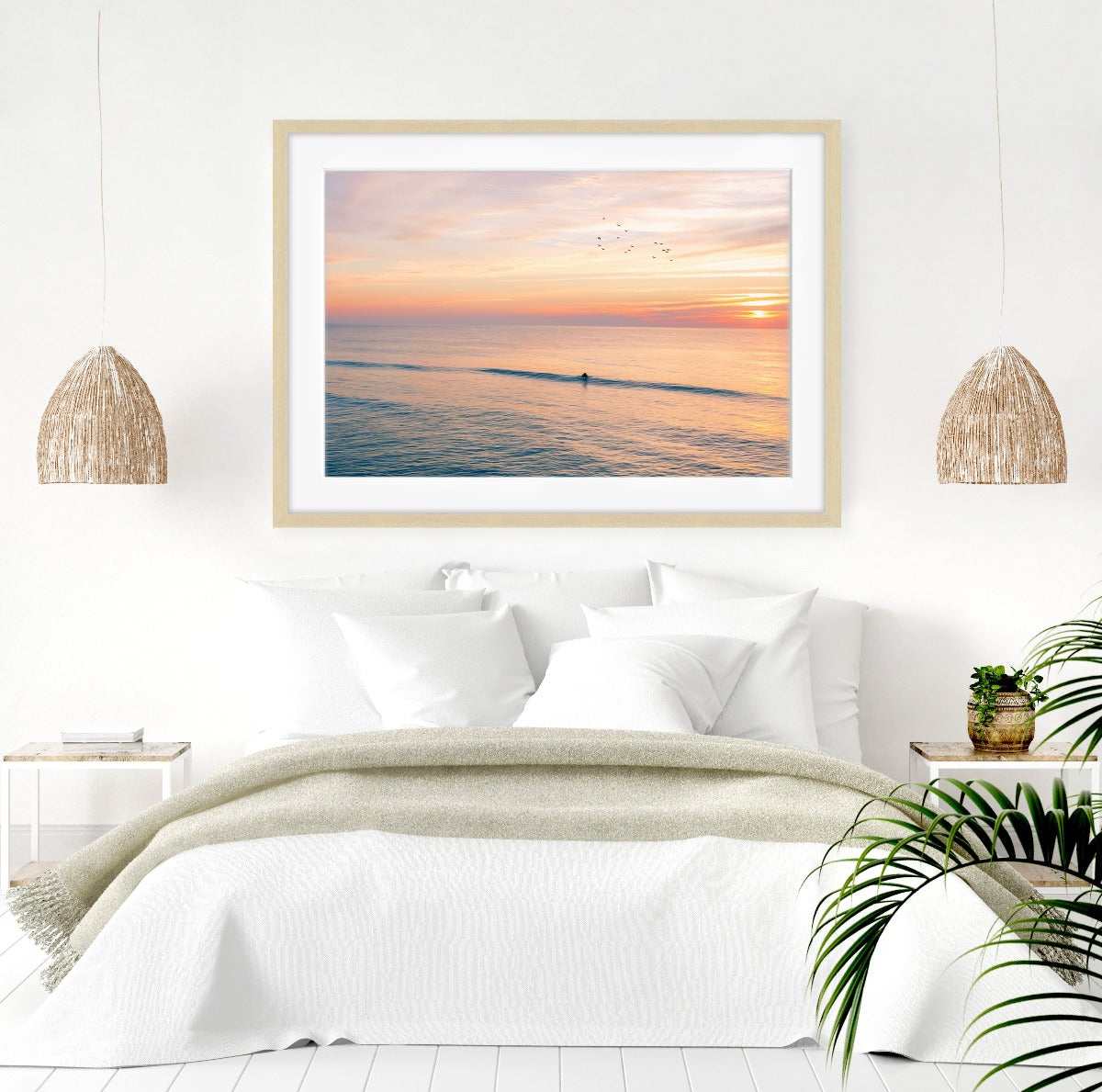 coastal bedroom decor, sunrise beach photograph
