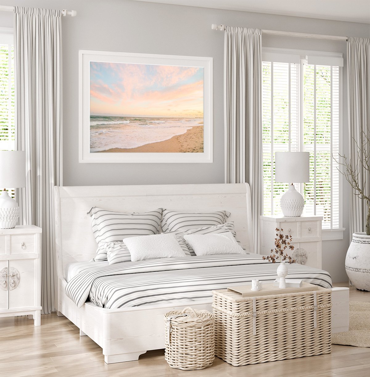 Coastal White Bedroom Decor featuring pastel warm beach photograph by Wright and Roam