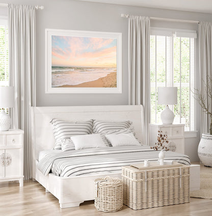 Coastal White Bedroom Decor featuring pastel warm beach photograph by Wright and Roam