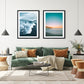 eclectic living room decor, 2 teal blue beach wall art prints