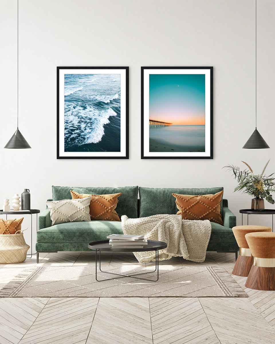 eclectic living room decor, 2 teal blue beach wall art prints