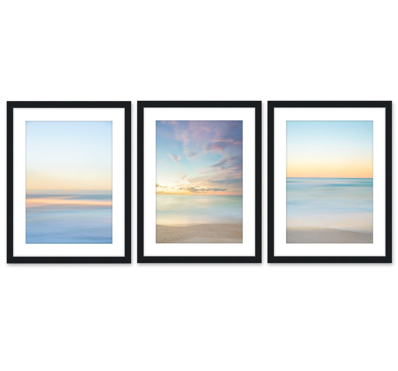 set of 3, abstract minimal beach prints, black wood frame by Wright and Roam