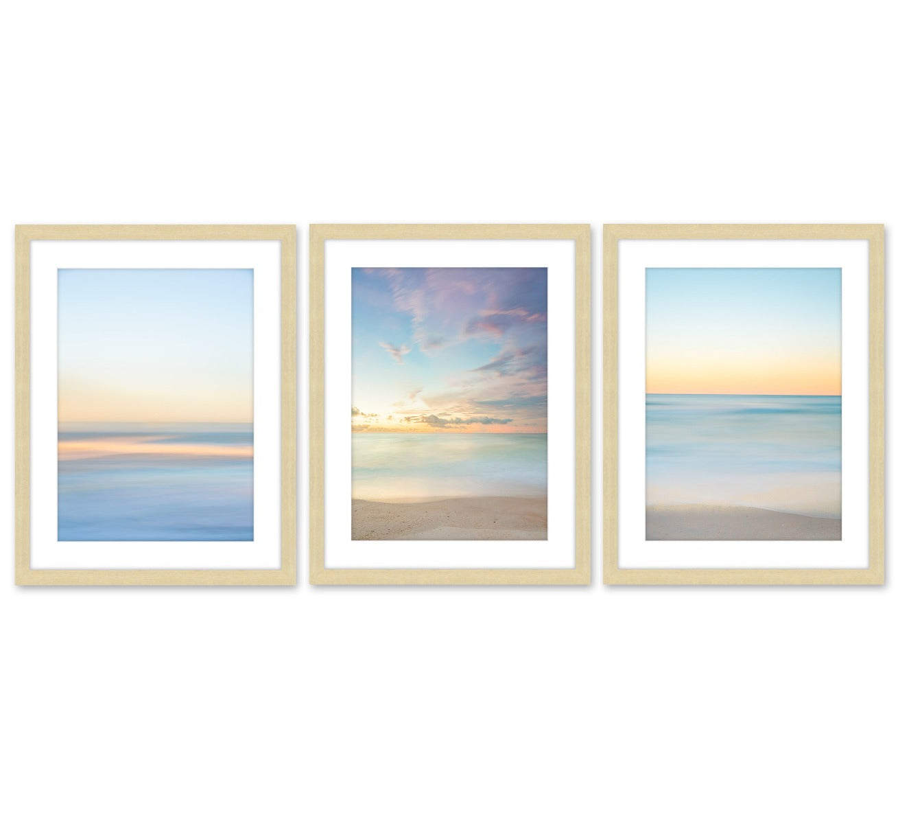 set of 3, abstract minimal beach prints, natural wood frame by Wright and Roam