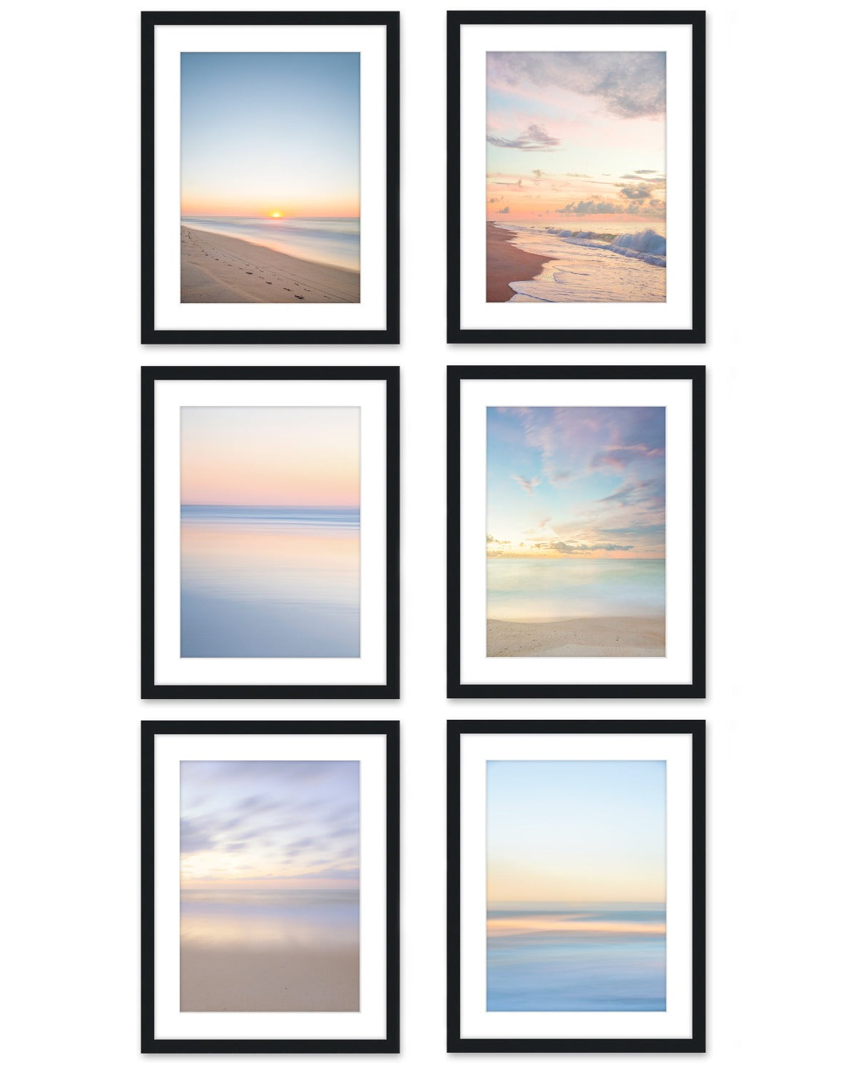 gallery wall, set of six abstract minimal beach prints, black wood frame, by Wright and Roam