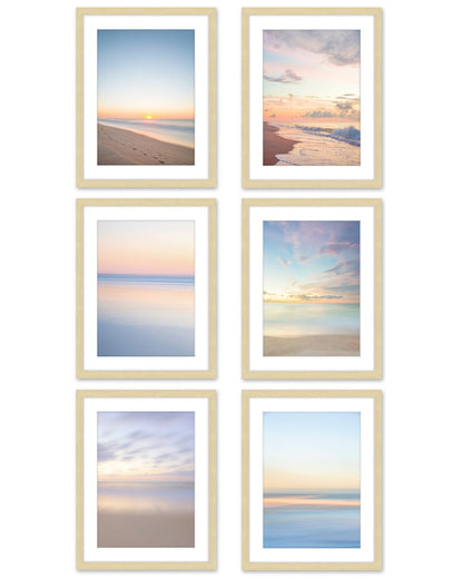 gallery wall, set of six abstract minimal beach prints, natural wood frame, by Wright and Roam