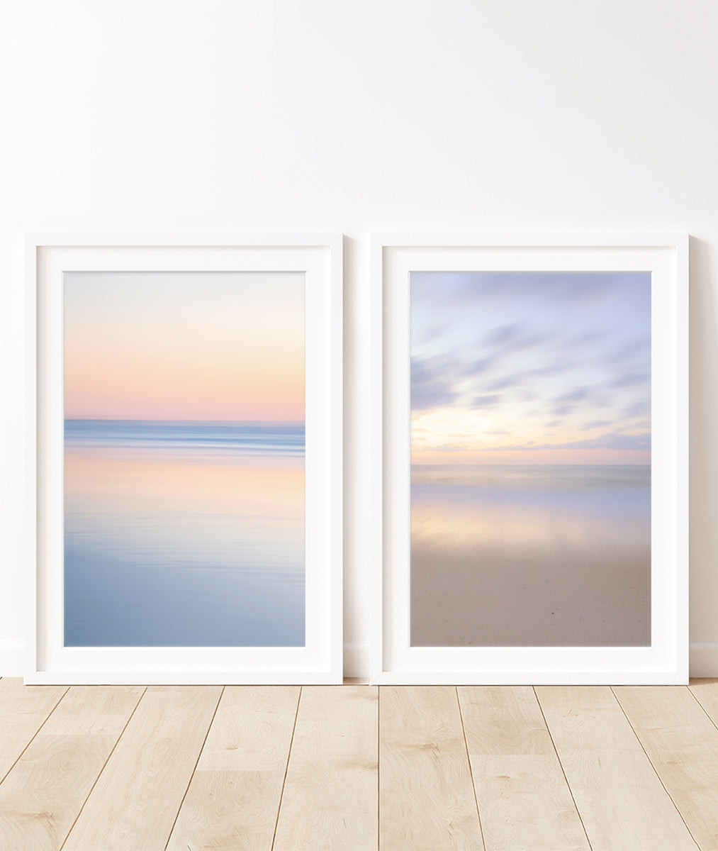 set of 2 neutral abstract, minimal print, sunrise beach photographs by Wright and Roam